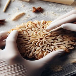 Pastry chefs wear gloves to meticulously decorate cakes